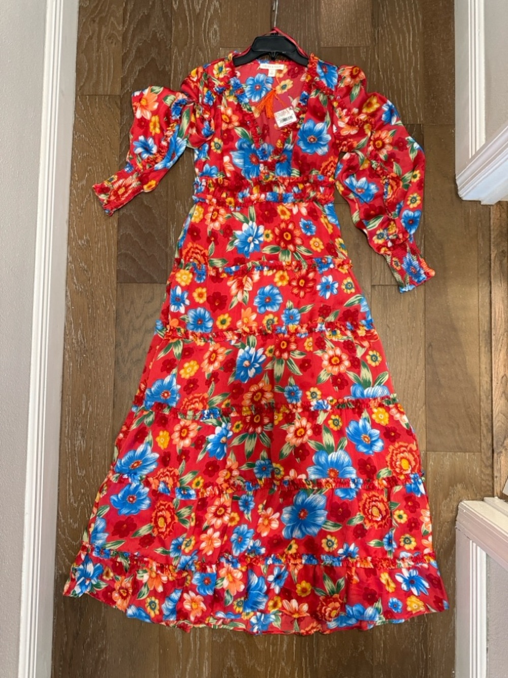 Chelsea & Violet Margaux Plisse Red Tiered Maxi Dress Side Zipper Side - Picture 2 of 15
